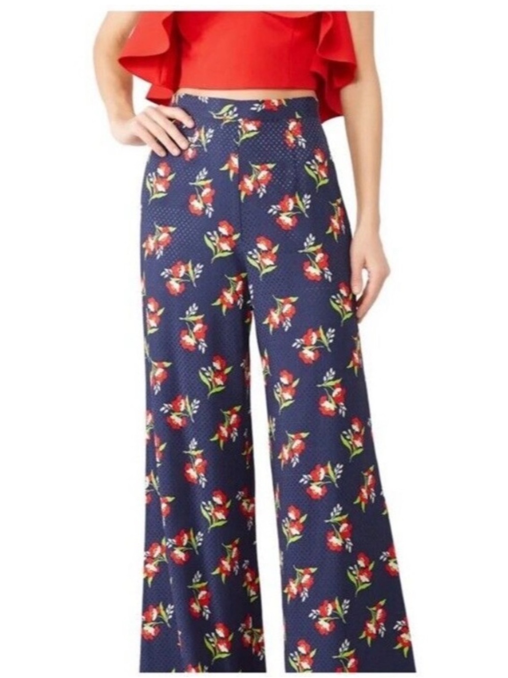 Jill Jill Stuart Navy Blue Floral Swiss Dot Wide Leg Pants Womens Medium